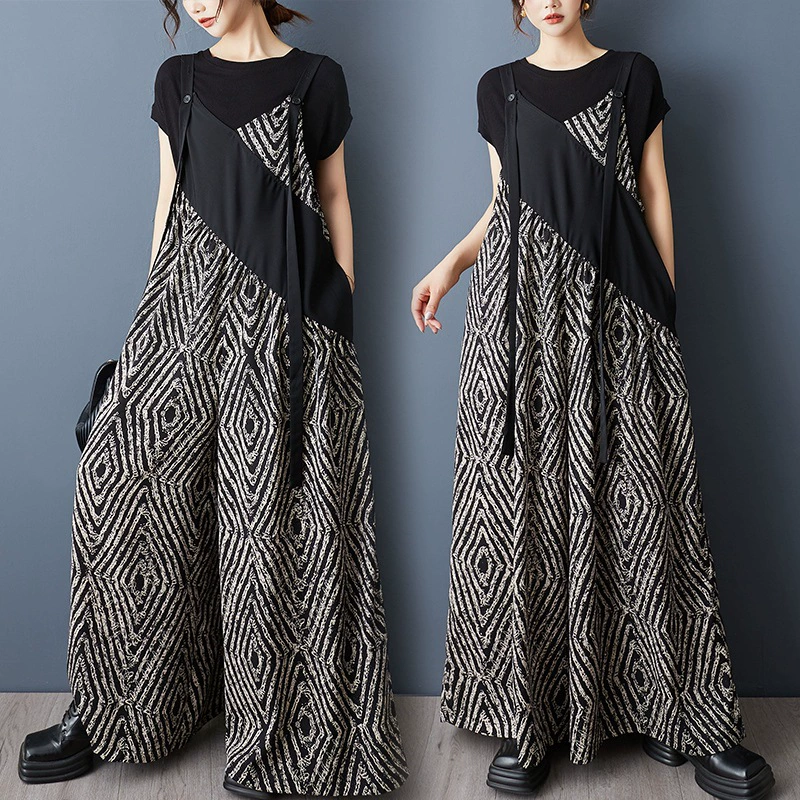 Реальная стрельба Летний принт с нерегулярным сращением Регулируемые насадки модные повседневные дикие комбинезоны широкие брюки