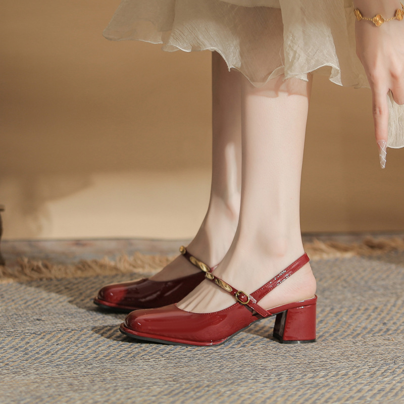 Sandal cao gót nữ hở mũi mũi vuông gót thô 9 cm — màu đen