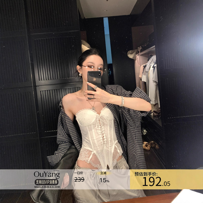 Ouyang Lace Splicing Mesh Fishbone Bra Shirt Women's Summer Outer Wear Sexy Slim Top