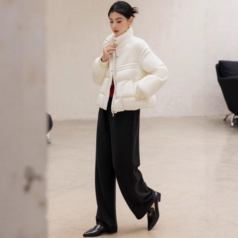 Cashmere Double-Sided Wool Blend with 90% White Goose down Women's Winter Short Coat with Stand Collar, Super Warm Winter Jacket