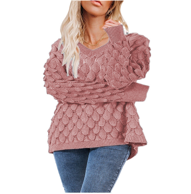 Europeo y americano invierno nuevo suéter de punto de pluma hueco cuello en V manga larga suéter femenino ventas directas de fábrica