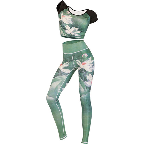 Summer outdoor navel-baring quick-drying sports yoga clothing for women, short-sleeved T-lycra printed yoga clothing suit cross-border wholesale