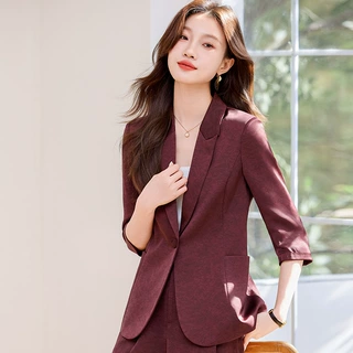 酒红色西装套装女夏薄款2025新款职业装气质女神范小个子西服外套