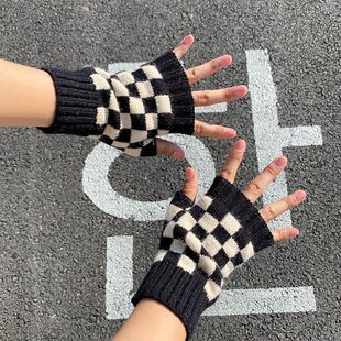 Checkerboard Black and White Plaid Half Finger Gloves Young Couple Knitted Autumn and Winter Cool Typable Hand Socks Half Hand Guard
