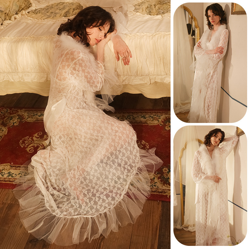 Mesh Lace Long Nightgown with Plush Collar and V-Neck Design, Vintage and Elegant Loungewear, Morning Atmosphere Robe 969 Mesh Lace Long Nightgown with Plush Collar and V-Neck Design, Vintage and Elegant Loungewear, Morning Atmosphere Robe 969