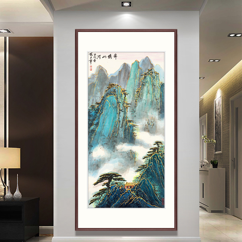 玄关画入户正对门中式挂画竖版青绿山水画客厅走廊过道实木框国画