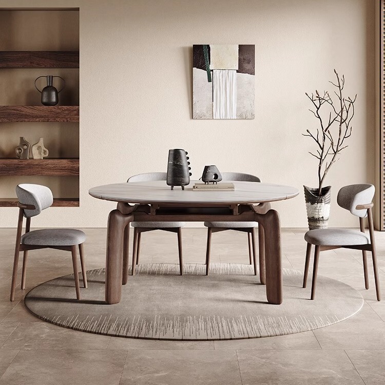 [Promotion] Nordic solid wood retractable round dining table household simple silent style elephant leg matte rock plate dining table