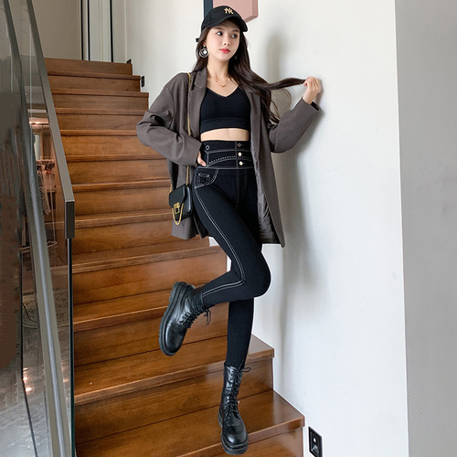 2025 Autumn New High-Waisted Slimming 9/10 Inseam Pants Outerwear Black Women's Elastic Pencil Pants