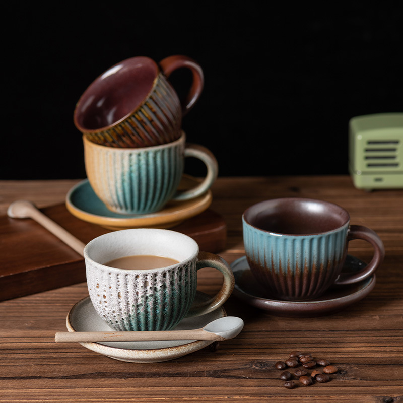 Striped And Saucer Set, Vintage Kiln-Fired Coffee Creative Top Quality Ceramic Cup, Light Luxury Afternoon Tea Coarse Pottery Cup_voghion.com
