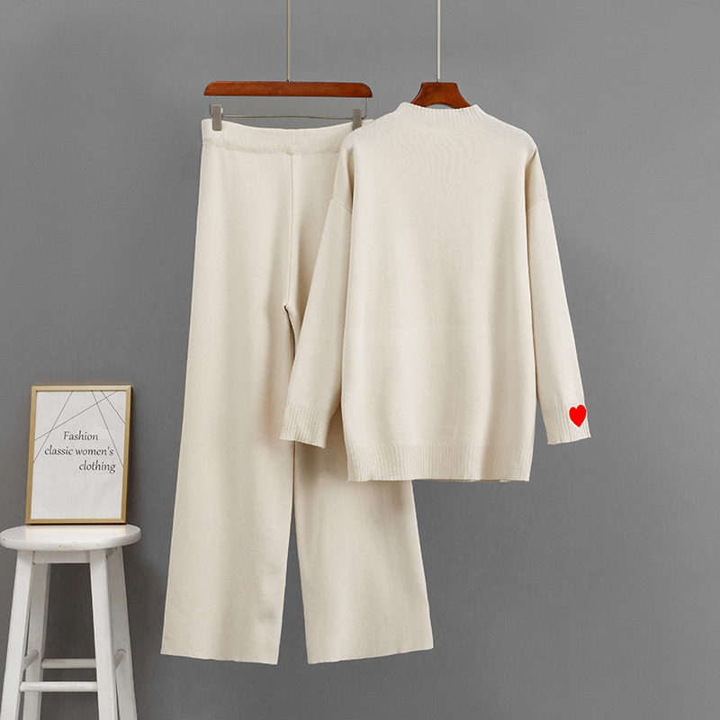 K Knit Sweater Set With Hooded Knitted Sweatshirt And Fashionable Age-reducing Wide-leg Pants, 2-piece Outfit For Women_voghion.com