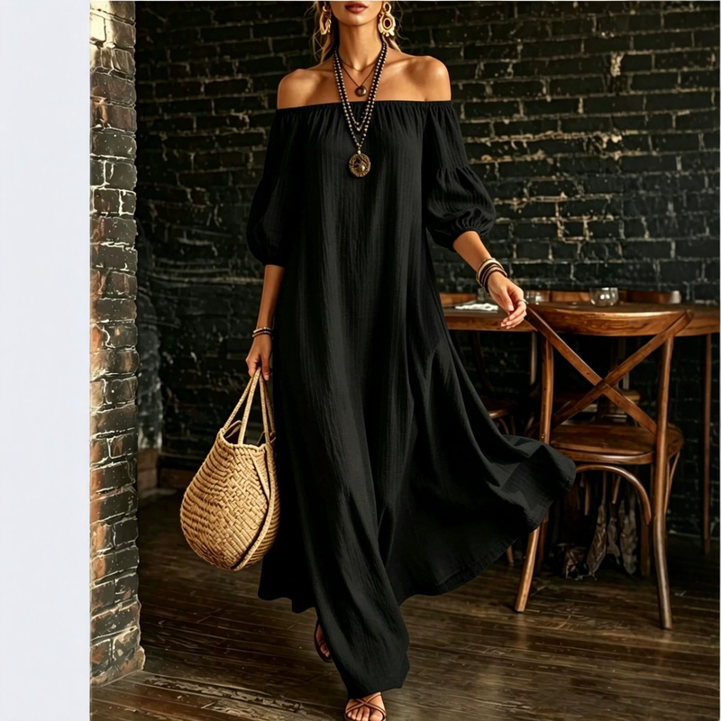 2026 European and American style one-shoulder puff sleeve textured solid color dress for women, loose-fitting, large hem, suitable for vacation and beach, with a long, flowing drape