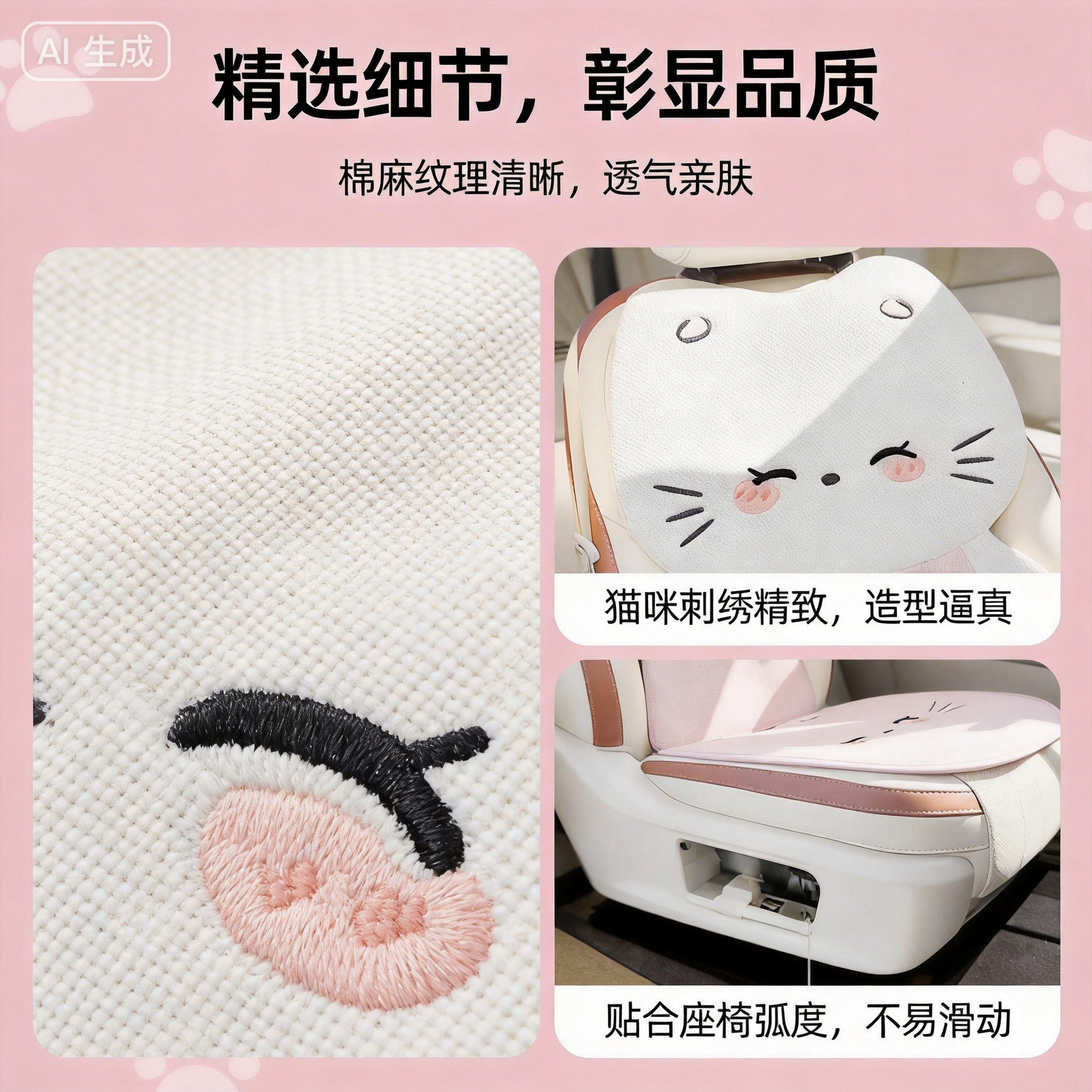 26 new cute cat car seat cushions, suitable for all seasons, breathable linen, half-cover cartoon style for women, suitable for summer