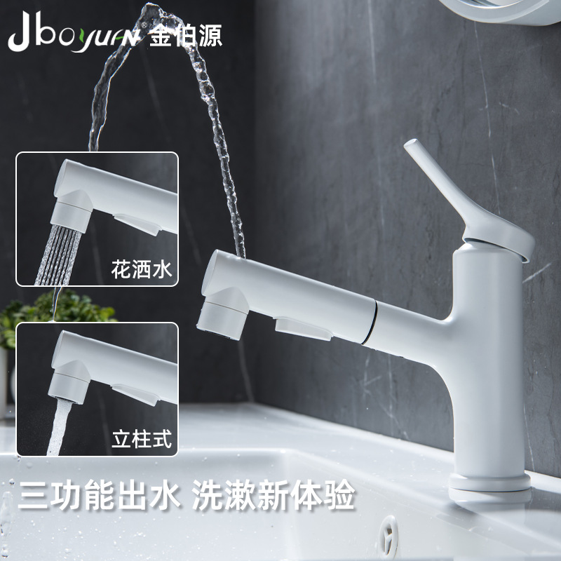 304 stainless steel water-plated matte white pull-out type washbasin multi-function faucet for bathroom and shower
