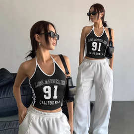 街头服饰 女式休闲时尚街头风格拼色洛杉矶数字 91 字母印花性感