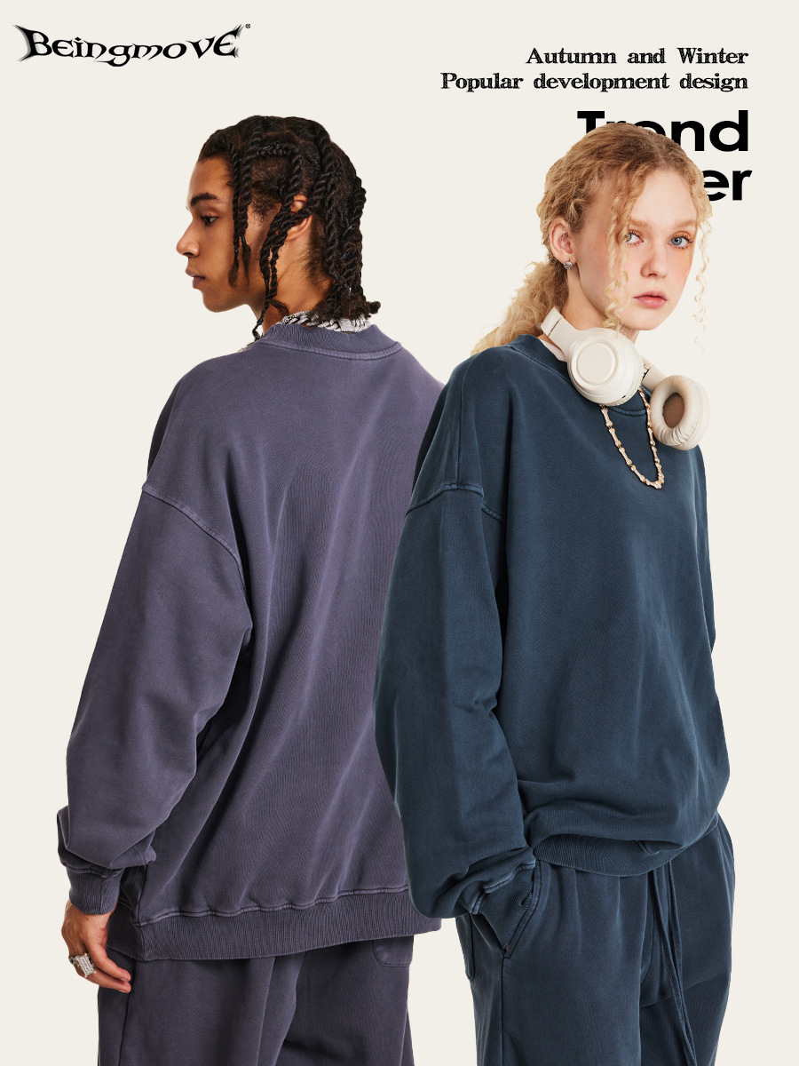 2025 otoño marca de moda americana retro hacer viejo relajado ocio de alta calidad jersey cuello redondo suelto comercio exterior hombre