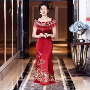 High-End Acetate Mother-In-Law Wedding Banquet Toast Dress Summer New Accessible Luxury Embroidered Fake Two-Piece Banquet Evening Dress