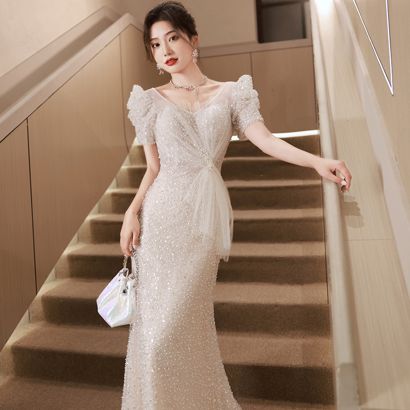 Evening Dress Fishtail Skirt for Women 2026 New Light Luxury Niche Wedding Dress French Long Style Host Sequin Runway Dress Evening Dress Fishtail Skirt for Women 2026 New Light Luxury Niche Wedding Dress French Long Style Host Sequin Runway Dress
