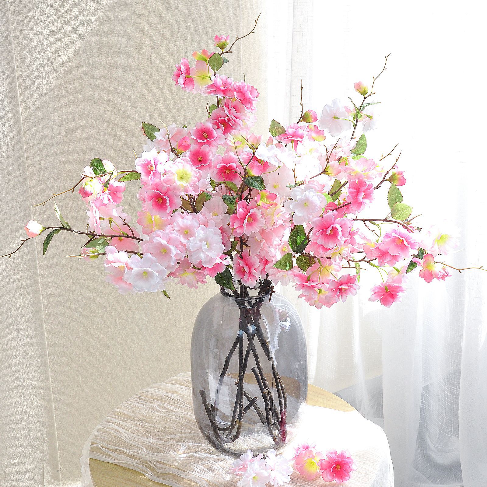 Amazon Cross-Border Artificial Peach Blossom Branch Single Artificial Silk Flower Decoration Living Room Fake Plum Blossom Branch Floor-Standing Plastic Flower