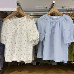 日系婦人服2025春夏新作麻混紡泡袖シャツ半袖シャツタック上着女性475655