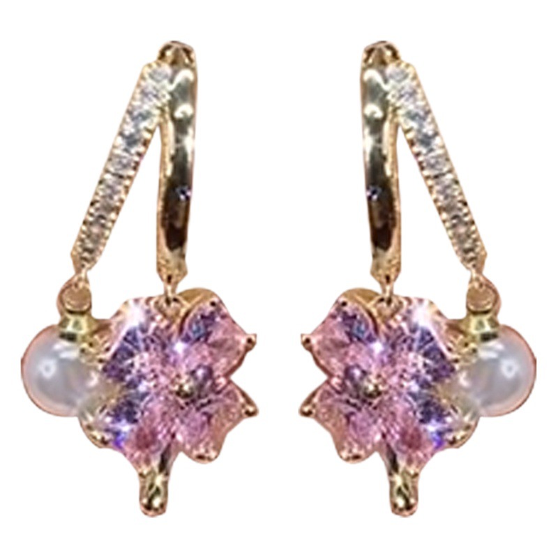 Purple Four-Leaf Flower Pearl Earrings 2026 New Trendy Fashion Elegant Earrings Light Luxury Cross-Border Hot-Selling Earrings