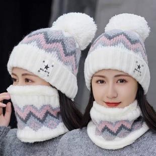 Autumn and Winter Women's Korean-style Ear Protection Hat Knitted Hat Two-piece Set Thickened fleece-lined Wool Hat Outdoor Cold-proof Warm Hat