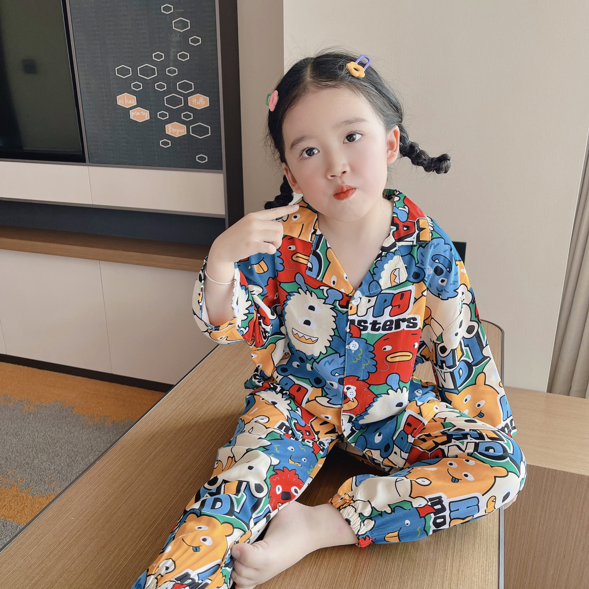 兒童薄款家居服睡衣套裝2023夏季新款男女童寶寶開衫長袖空調服