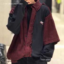 毒家现货正确版本BL家26新款格纹拼接长袖衬衫OS宽松版型男女同款
