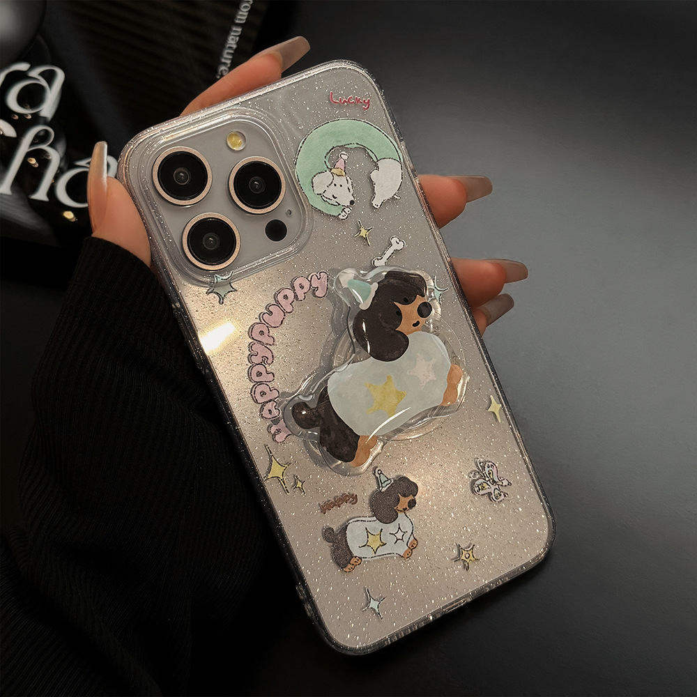 Funda con diseño de perro dachshund y mariposa estilo INS japonés y coreano para iPhone 16, funda brillante para iPhone 15, compatible con iPhone 17 Pro Max, iPhone 11.