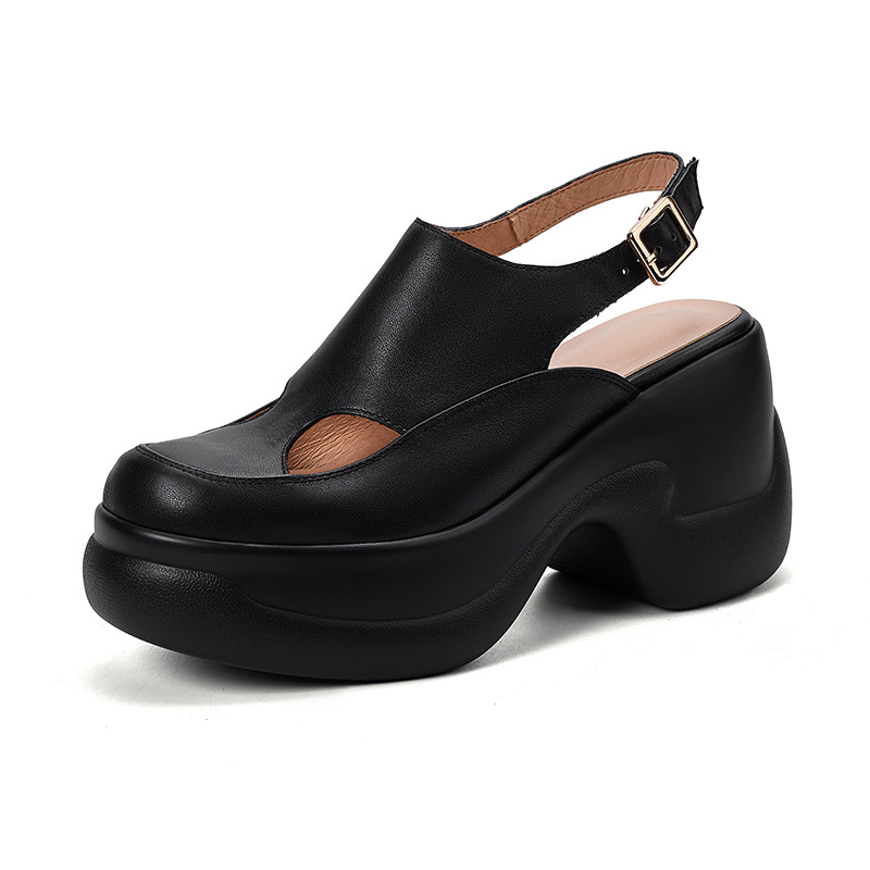 Sandal nữ cao gót đế xuồng platform mũi kín phong cách La Mã, gót 9.5 cm — màu đen, màu trắng