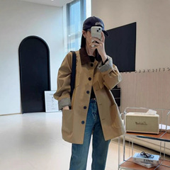 韩系撞色拼接中长款单排扣风衣女2025春秋新款宽松休闲显瘦外套