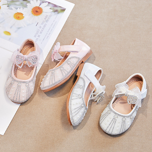 Girls' Sparkling Rhinestone Performance Shoes 2024 Spring New Children's Mesh Bow Rhinestone Single Shoes Princess Shoes