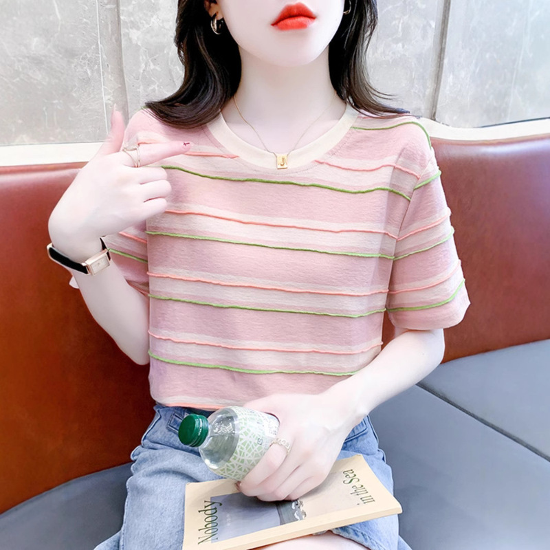 88 Cotton Striped Short-Sleeve T-Shirt for Petite Women, 2026 Summer New Style, Regular Shoulder, Slimming, Popular Top