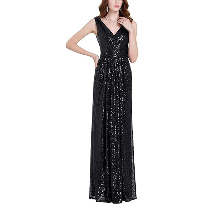 Amazon Foreign Trade Sequins Bridesmaid Dress Deep V-neck Sleeveless Super Long Evening Dress Prom Dress Party Welcome Dress