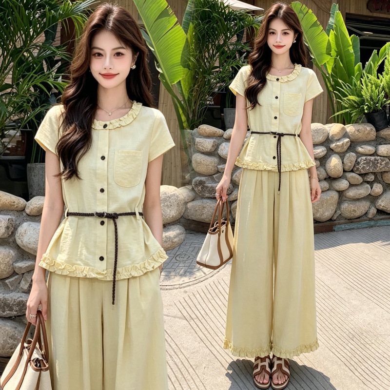 Summer New Trendy Outfit: Short-sleeved Ruffled Shirt and Wide-leg Pants Two-Piece Set