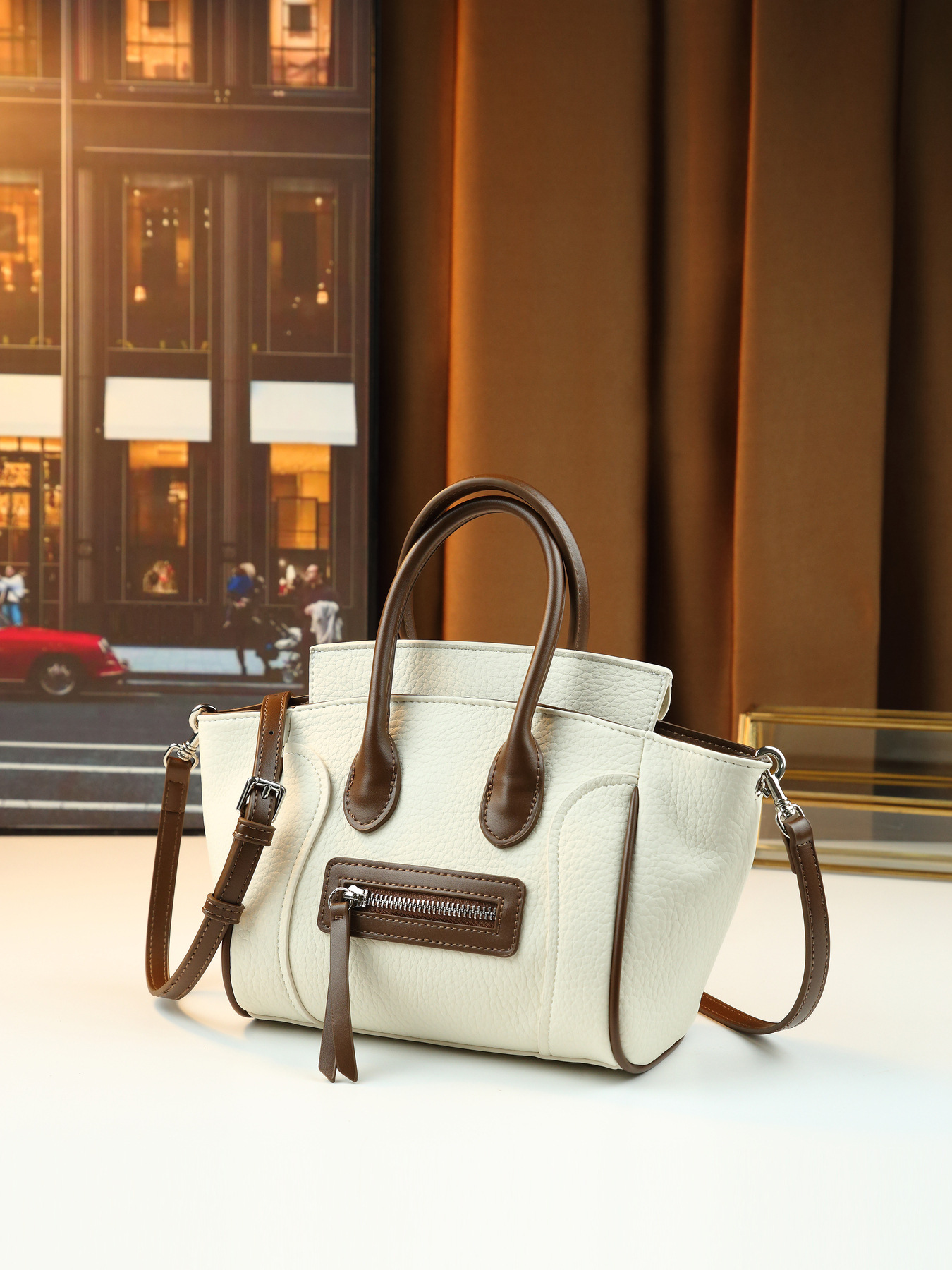 Women's Retro Colour Block Smiley Face Large Pu Leather Tote Bag_voghion.com