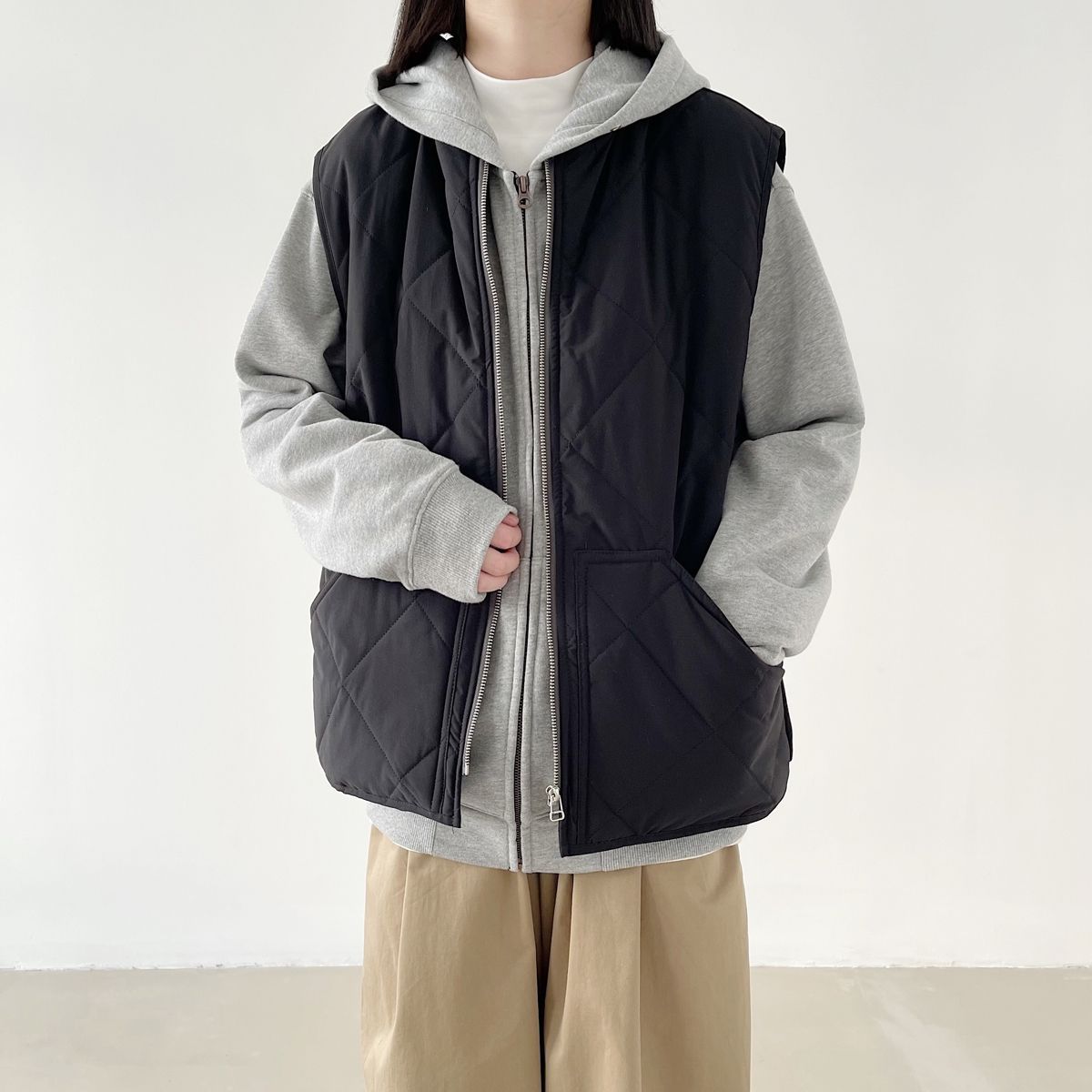 冬季情侣百搭日系菱格棉马甲复古休闲工装保暖棉服马甲外套男女潮