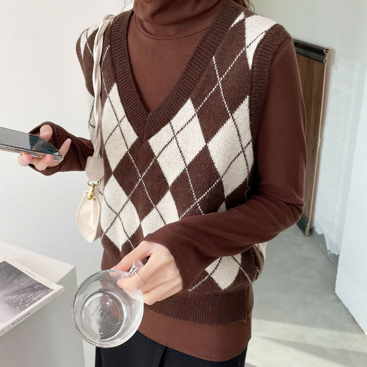 Retro en forma de diamante Plaid Chaleco de punto para las mujeres Otoño e Invierno Nuevo estilo exterior sin mangas suéter con cuello en V apilados chaleco suave desgaste exterior image 5