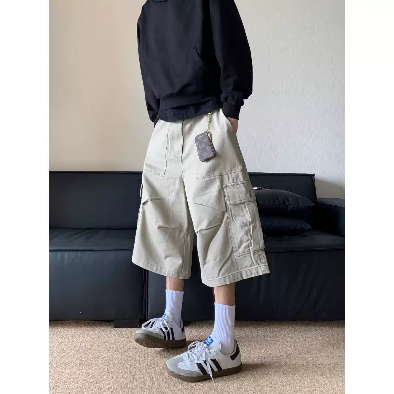美式复古小众设计感大口袋廓形弯刀七分裤男女款宽松伐木工装短裤