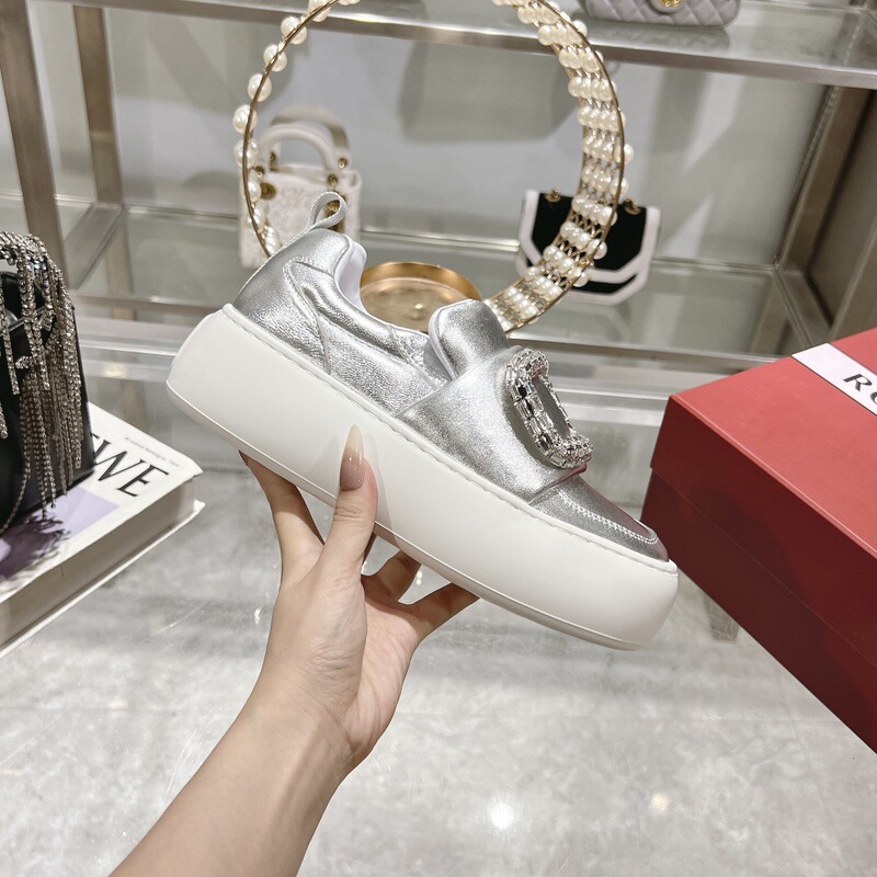 Foreign Trade Bread Shoes Thick Sole Increased Slim White Shoes Leather Square Buckle Rhinestone Slip-on Casual Board Shoes Soft Sole
