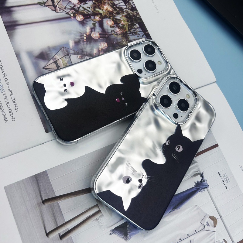 Nicho gato blanco y negro iPhone13 electrochapado agua ondulación 14 caja del teléfono Promax 12 para Apple 15 pareja
