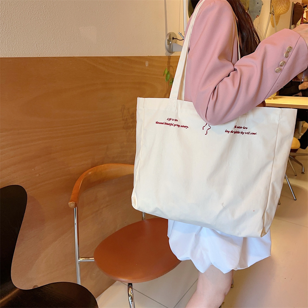 44284 large-capacity double-sided embroidered bow, sweet tote bag, single-shoulder cloth bag, canvas schoolbag for girls undefined