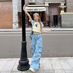 2025新款美式复古工装休闲裤女高腰直筒阔腿长裤设计感宽松拖地裤