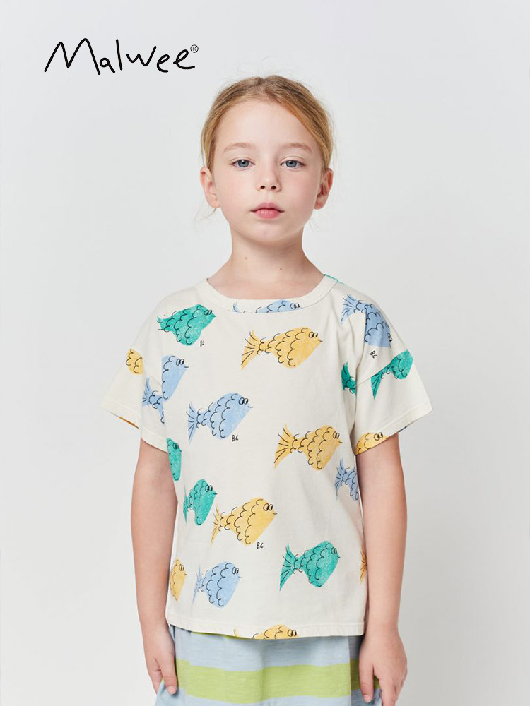 Malwee ropa infantil de verano nuevo estilo europeo y americano de niños pequeños lindos ropa infantil de cuello redondo de manga corta impresión de aire extranjero blusa