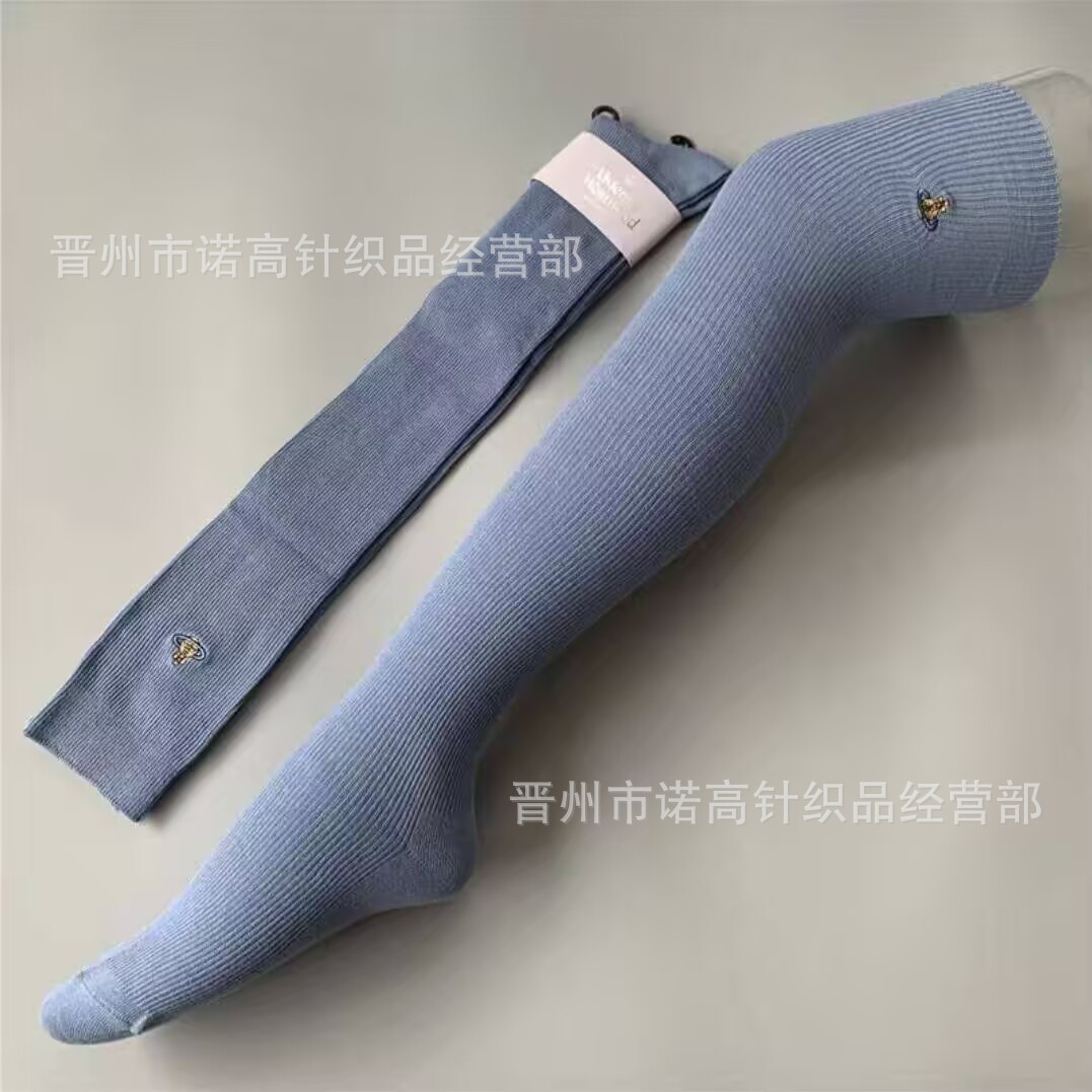 Calcetines japonesas bordadas Saturno rodilla sobre rodilla calcetines sólidas escolares de doble aguja peinadas calcetines de algodón