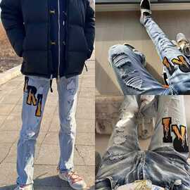 26潮流复古修身小直筒男式牛仔裤黑色破洞刺绣小脚裤个性男裤休闲