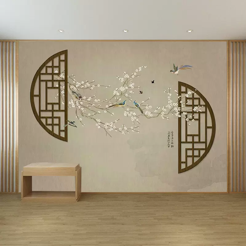 中式国风花鸟客厅沙发电视背景墙壁纸古风古典直播间墙纸卧室墙布