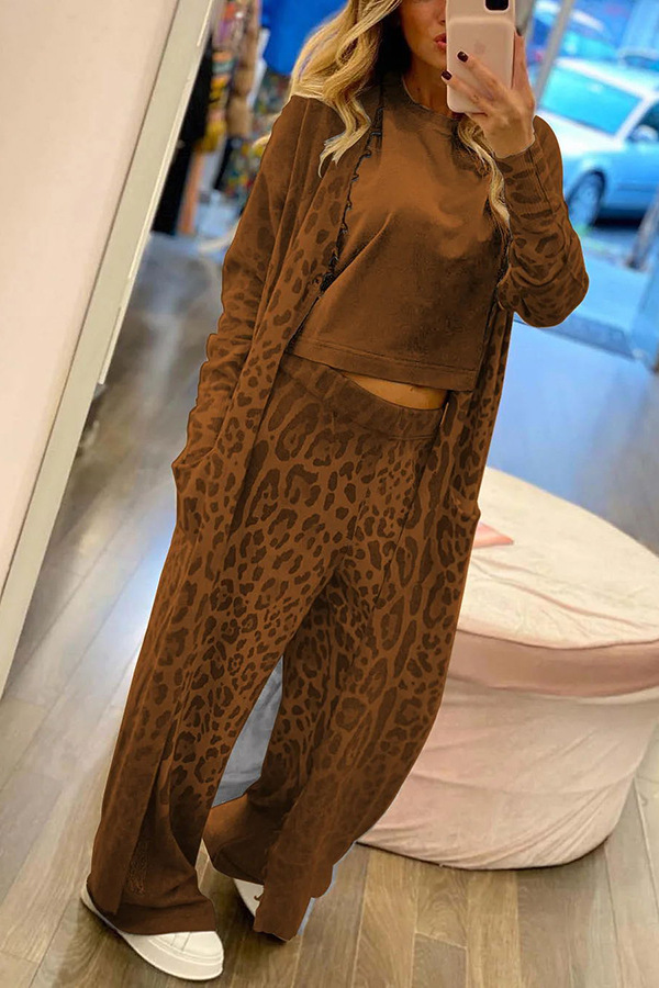 Spring Leopard Print Long Sleeve Cardigan Trousers Suit Two Piece Set for Women