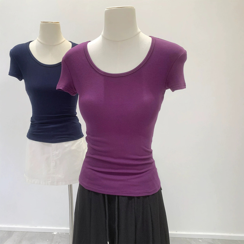 Trendy Sexy Hot Girl Slim-Fit Round Neck Minimalist Basic Short-Sleeve T-Shirt for Women, New Summer Stylish Top
