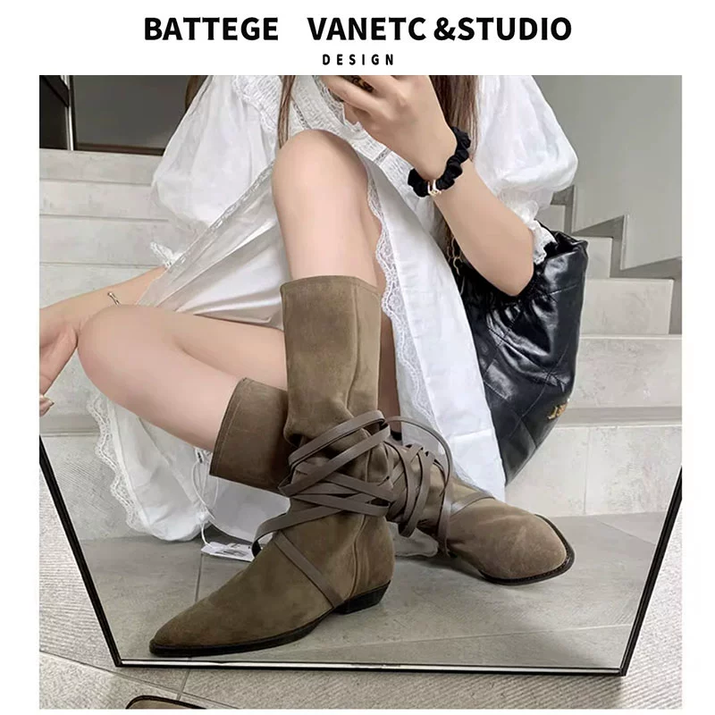 Achige тот же сапоги сложены 2023 новые осенние и зимние кожаные остроконечные западные джинсовые сапоги ретро рукава сапоги