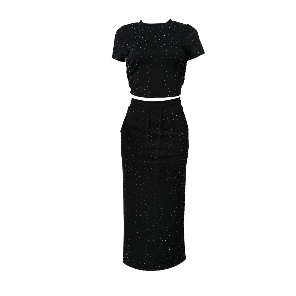 Completo due pezzi donna con strass abito lungo maniche corte_voghion.com